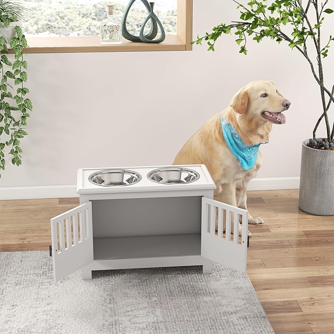 PawHut Large Elevated Dog Bowls with Storage Cabinet - 37L Capacity, Raised Dog Bowl Stand Feeding Station, White