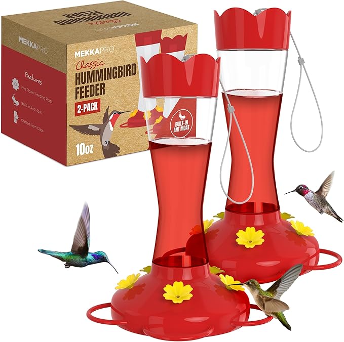 MEKKAPRO Two-Pack Hummingbird Feeders for Outdoors Hanging Made from Glass, 10oz, Hanging 5 Nectar Feeding Stations, Top Fill Hummingbird Feeder, Bright Red, Backyard Feeder (10 Ounce - 2 Pack)