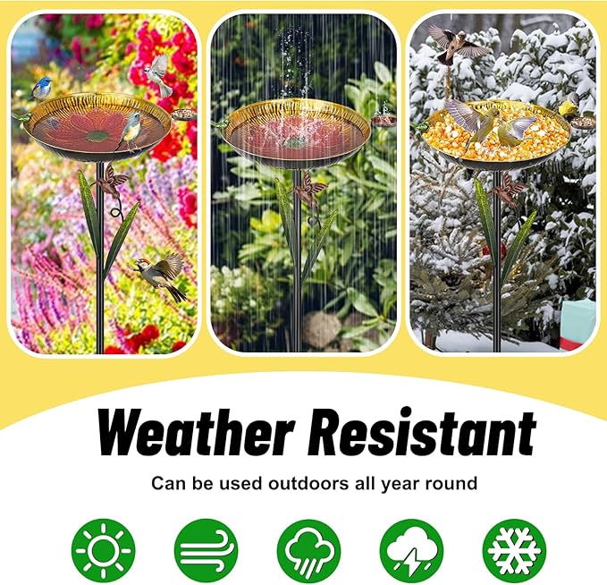 Metal Bird Bath for Outside, 41.5" Detachable Birdbath with Bowl & Decorative Birds, Easy to Clean Iron Garden Birdbath & Feeder for Outdoor Garden Lawn Yard Decor(Red+Yellow)