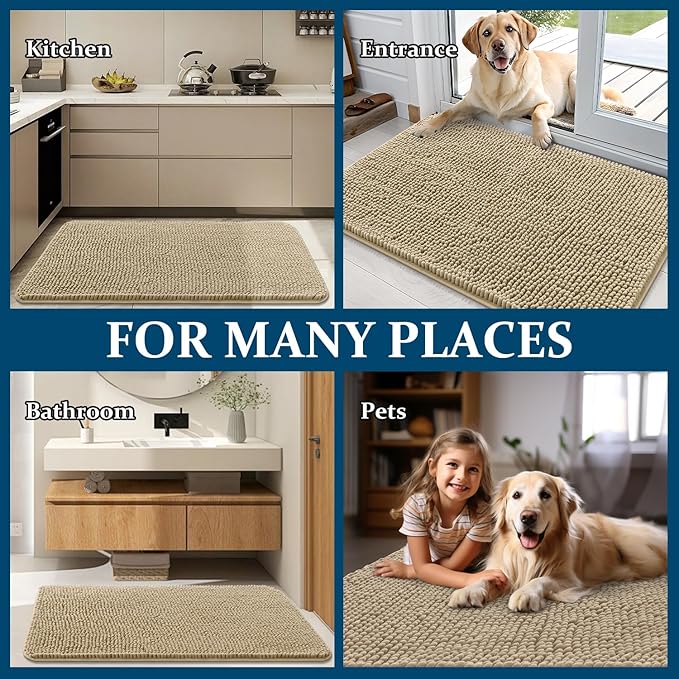 OLANLY Dog Door Mat for Muddy Paws 70x24, Absorbs Moisture and Dirt, Absorbent Non-Slip Washable Doormat, Quick Dry Chenille Mud Mat for Dogs, Entry Indoor Entryway Carpet for Inside Floor, Beige