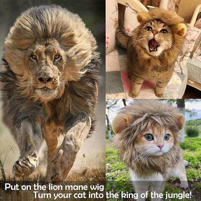 Cat Halloween Costumes - Lion Mane Wig for Cats & Puppies, Adjustable Pet Cosplay Apparel Kitten Outfits for Halloween Christmas Cat Birthday Party (Grey)