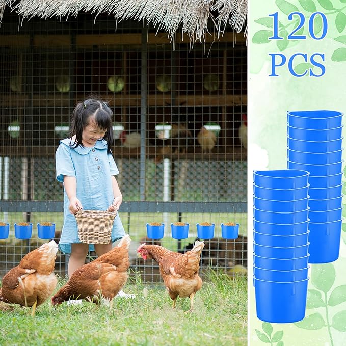 120 Pcs Cage Cups Chicken Birds Feeder Cups Plastic Hanging Chicken Feeders and Waterers 8 oz Feeding Bowl for Gamefowl Supplies Pet Pigeon Poultry Parrot Parakeet Rooster Rabbit(Blue)