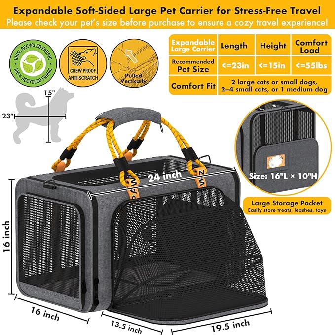 PAWZIDEA Large Pet Carrier Expandable, 24"×16"×16" Soft-Sided Cat Carrier for 2–4 Cats up 55lb, Portable & Collapsible Small Medium Dog Travel Crate for Car, XL Storage Pocket, ID Card, Shoulder Strap
