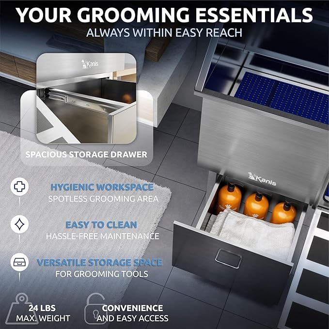 KANIS Professional Dog Washing Station - 304 Stainless Steel Pet Wash Sink & Grooming Bath Tub for Home with Ramp, Shower, Floor Grate, Storage Drawer, Faucet, Drain Kit for Large, Medium & Small Pets