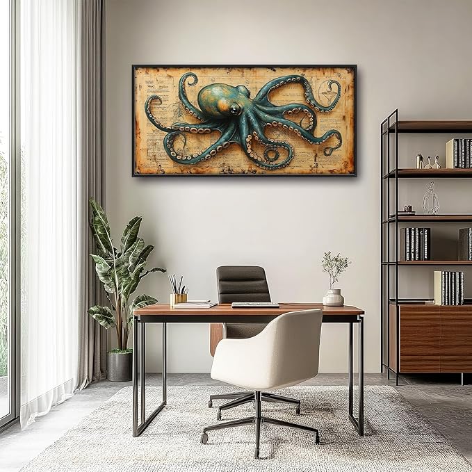 Large Octopus Nautical Wall Art for Living Room, Vintage Ocean Canvas Oversized Wall Decor, Rustic Sea Animal Framed Pictures Painting Print Artwork for Bedroom Office 60"L x 30"W