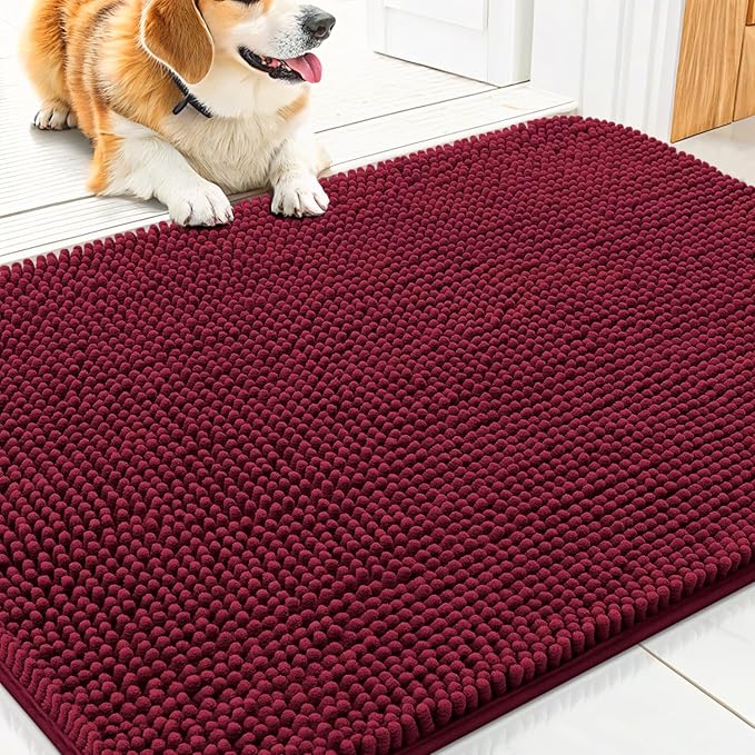 Smiry Dog Door Mat for Muddy Paws 30x20, Absorbs Moisture and Dirt Doormat, Non-Slip Washable Quick Dry Chenille Front Door Mat Indoor Entrance, Entryway Carpet for Inside Floor, Burgundy