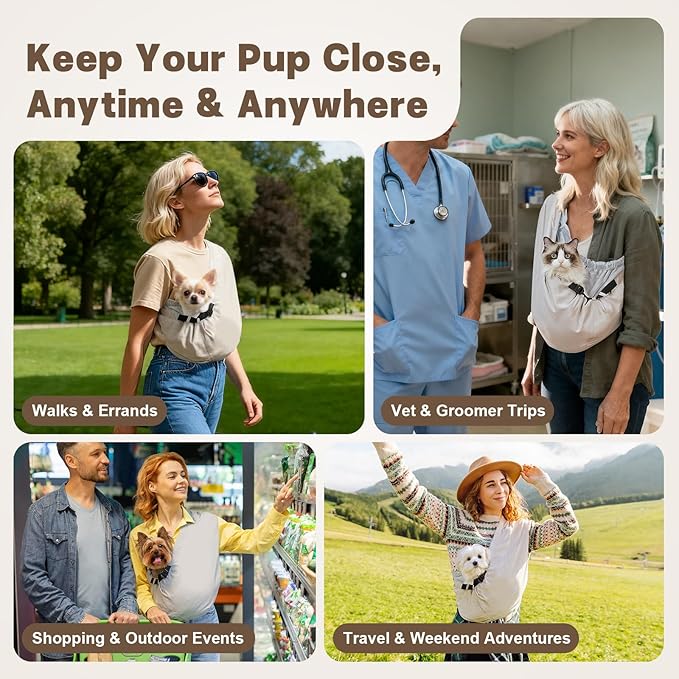 Dog Carrier Sling for Small Dogs Cats – Hands Free Pet Sling Carrier with Mesh Lining Pocket & Safety Hook, Adjustable Cat Dog Front Carrier for Travel, Daily Walk, Outdoor,Grey L