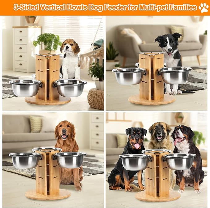 Elevated Dog Bowls, Natural Bamboo Raised Dog Bowl Stand for Medium to Large Sized Dogs 3 Adjustable Height Stand with 3 Thick 48oz Stainless Steel Bowls Non-Slip Base Pet Food Feeder