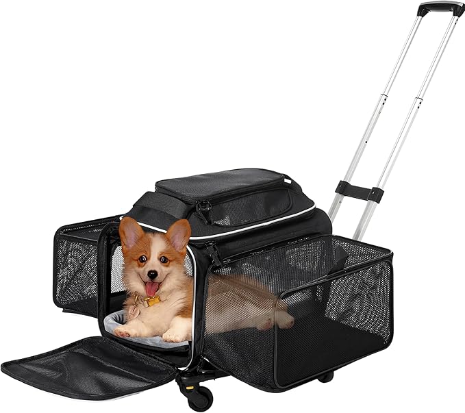 Airline Approved Top-Expanding Pet Carrier on Wheels- Extra Spacious Soft Lined Carrier! 18x11x11 (Black, Expanding Sides)