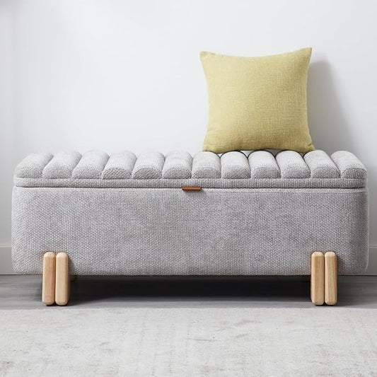 Wavy Ottoman Storage Bench Multi-Functional Narrow Entryway Bench Elegant End of Bed Bench with Storage and Safty Hinge for Living Room Entryway Hallway Bedroom Boutique, Grey