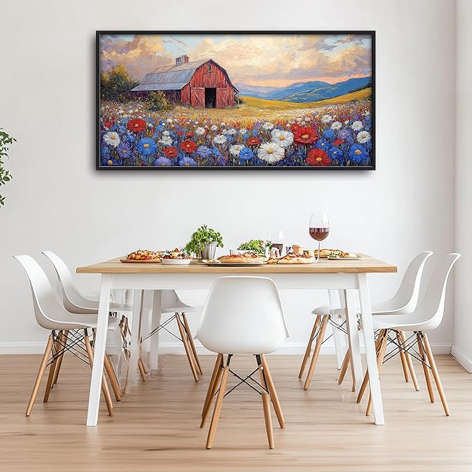 Large Farmhouse Barn Daisy Wall Art for Living Room, Floral Landscape Canvas Oversized Wall Decor, Flower Scenery Framed Pictures Painting Print Artwork for Bedroom Office 60"L x 30"W