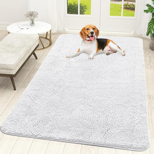 OLANLY Dog Door Mat for Muddy Paws 59x35, Absorbs Moisture and Dirt, Absorbent Non-Slip Washable Doormat, Quick Dry Chenille Mud Mat for Dogs, Entry Indoor Entryway Carpet for Inside Floor, White