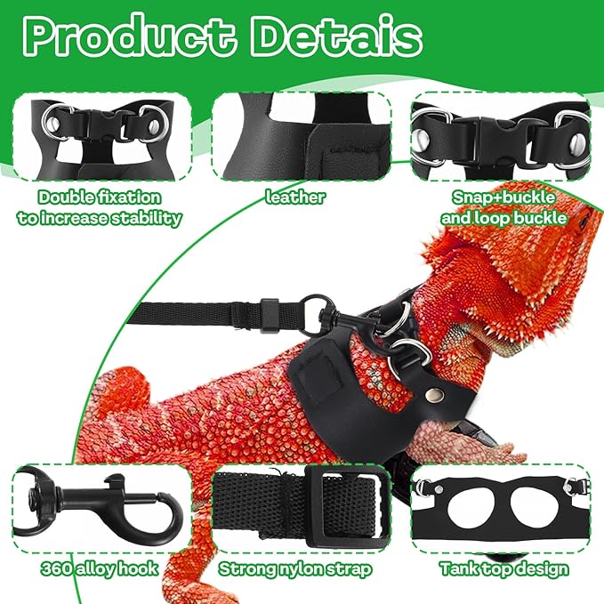 Bearded Dragon Harness Leash 3 Size Adjustable Soft Reptile Leash Retractable Bearded Dragon Vest Training Walking Lizard Traction Rope for Outdoor Small Animal Rabbit Squirrel (Black)