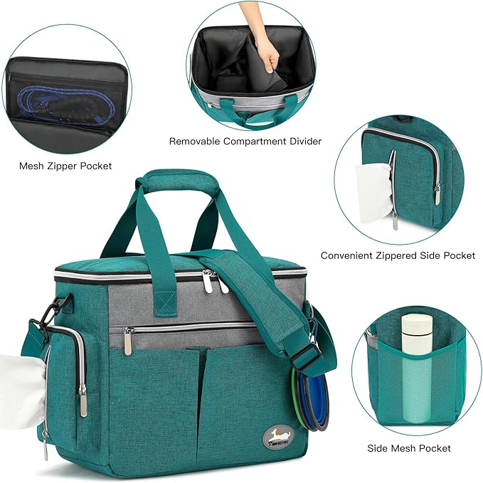 Dog Travel Bag for Pet Kit for Supplies with 2 Food Storage Containers 2 Collapsible Bowls 1 Feeding Mat 1 Dog Treat Pouch 7-Piece Set Perfect Road Trips Camping Weekend or Doggy Gift, Teal