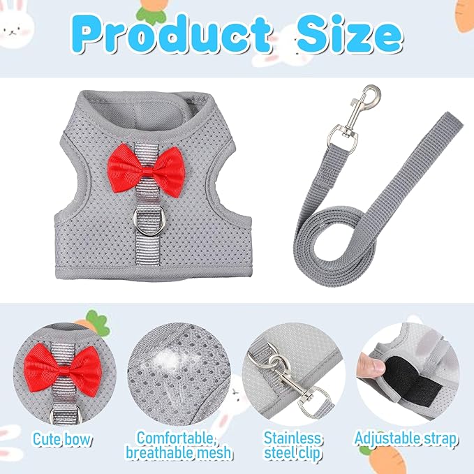 Rabbit Harness and Leash Set with a Cute Bow, Soft Mesh Vest-Style Carrier, Adjustable Rabbit Vest, Suitable for Rabbits, Kittens, Ferrets, Miniature Pigs, and Puppies, Gray Size M