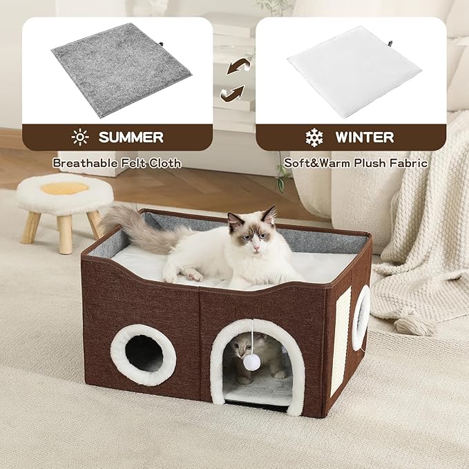 Large Cat Bed for Indoor Cats, Extra Wide Cat Cave House with Scratch Pad and Fluffy Ball, Foldable Cat Hideaway for Kitten Bed, Cat Condo for Cats (Brown, X-Large)