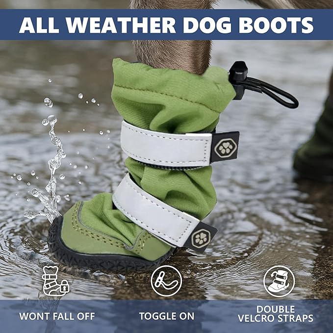 Spark Paws Dog Shoes, Waterproof Dog Boots for Medium to Large Dogs, Non Slip, Breathable Dog Booties and Paw Protectors - 4PCS Doggie Hiking Boots with Reflective Straps - Green - Size 7