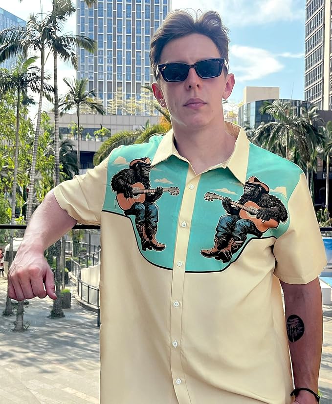 Men’s Hawaiian Shirt Western Cowboy Symmetrical Print Short Sleeve Button Down Casual Beach Holiday Summer Shirt