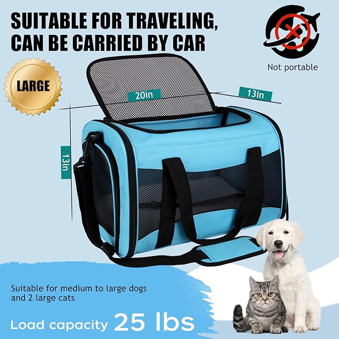 Carriers Soft-Sided Pet Carrier Large Carrier for Medium Large Cats Dogs Under 35Lbs,Breathable Ventilated Design,Collapsible Roomy Carrier with Airline Approved(X-Large,Blue)