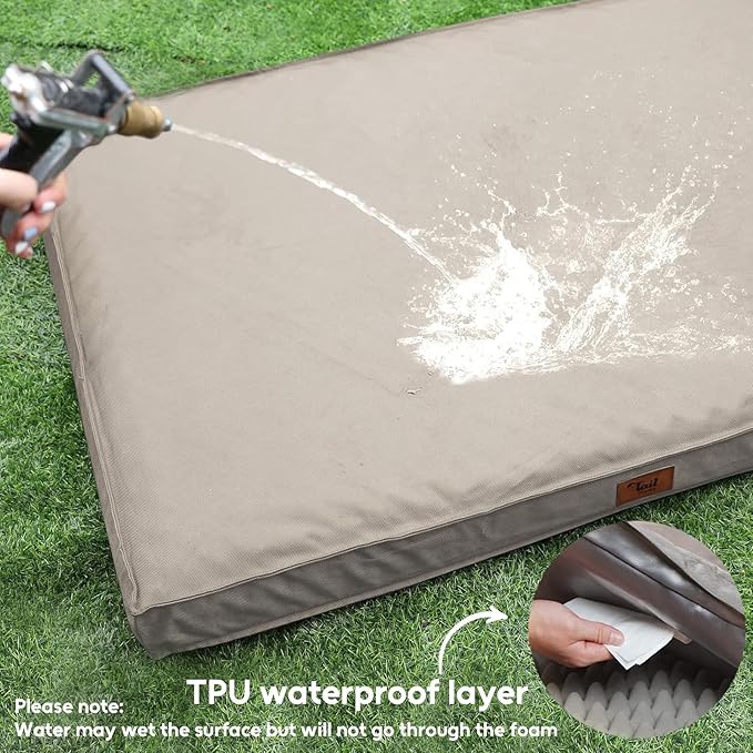 Outdoor Dog Bed for Medium Dogs, Waterproof Dog Crate Bed for Puppy Beds, Orthopedic Egg Crate Foam Pet Bed with Washable and Removable Oxford Cover, Khaki