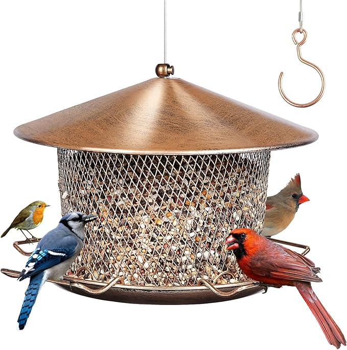 Bird Feeder for Outdoor, Weatherproof Rainproof All Metal Hanging Wild Bird Feeder with 9.8" Roof, 4.5 LBs Seeds Capacity, Easy to Clean & Refill