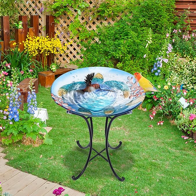 MUMTOP Bird Baths for Outdoors, Sea Turtle Glass Large Bird Bath Bowl with Metal Stand, Bird Feeders for Outside and Garden, Patio,Lawn Decor (Blue)
