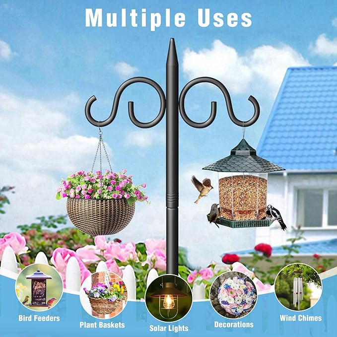 Double Shepherds Hooks for Outdoor, 108 Inch Heavy Duty Bird Feeder Pole with 5 Prongs Base, Adjustable Shepherds Hook for Bird Feeder, Garden, Weddings, Hanging Plant, 2 Pack