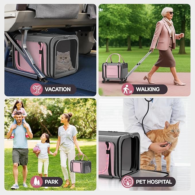 Pet Carrier with Wheels Airline Approved: Expandable Rolling Cat Carrier for Small Dog Under 25lbs - Cat Soft Carrier Pet Travel Bag TSA Approved Under Seat for Airplane Transport Flight