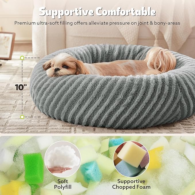 MIXJOY Dog Beds Large Sized Dogs, Washable Dogs Bed with Removable Cover, Cozy Donut Dog Ded Fluffy Plush Faux Fur Pet Bed with Anti-Slip Bottom, 36"x36"x10", Grey