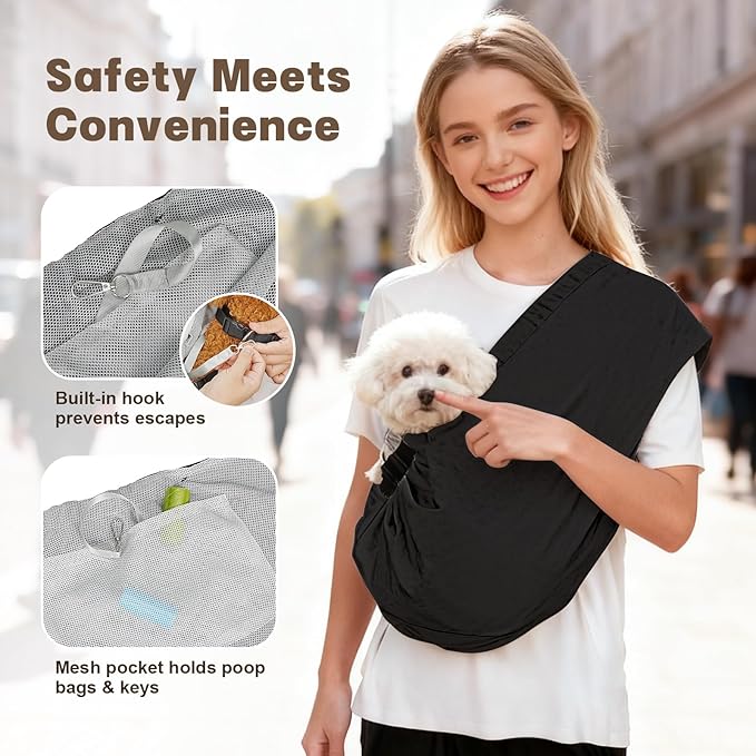 Dog Carrier Sling for Small Dogs Cats – Hands Free Pet Sling Carrier with Mesh Lining Pocket & Safety Hook, Adjustable Cat Dog Front Carrier for Travel, Daily Walk, Outdoor Black L
