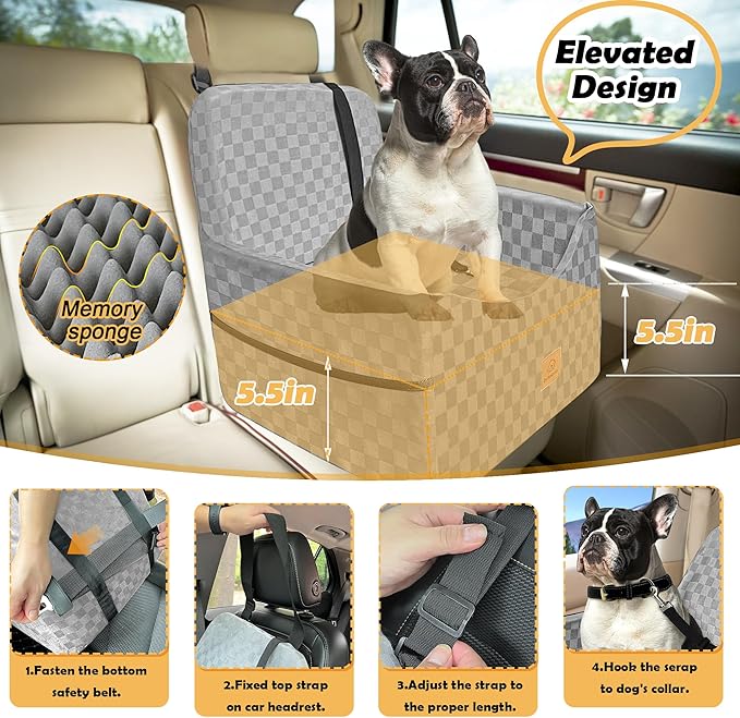 Dog Car Seat for Small and Medium Dogs Up to 35 lbs –Memory Foam Dog Booster Seat with Safety Leash & Storage Pockets, Fits Front & Back Car Seats, Removable Washable Cover – Gray