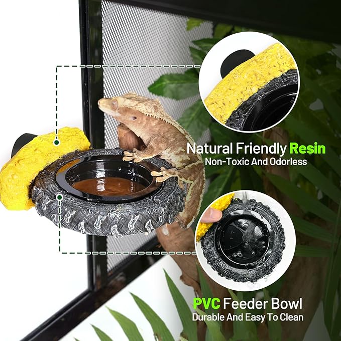 Gecko Gecko Feeder Ledge, Magnetic Reptile Feeding Ledge with 2 Food Bowls, Natural Tire-Design Resin Base for Bearded Dragon, Snake, Frog in Glass/PVC/Acrylic/Wood Tanks