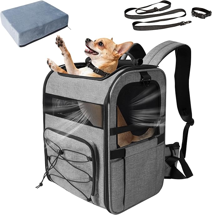 Dog Carrier Backpack for Small Dogs - Breathable Mesh Hiking Bag with Safety Buckle, Adjustable Straps and Elevated Pad - Durable for Hiking (Fits Small Cats Too, Up to 17lbs, Gray)