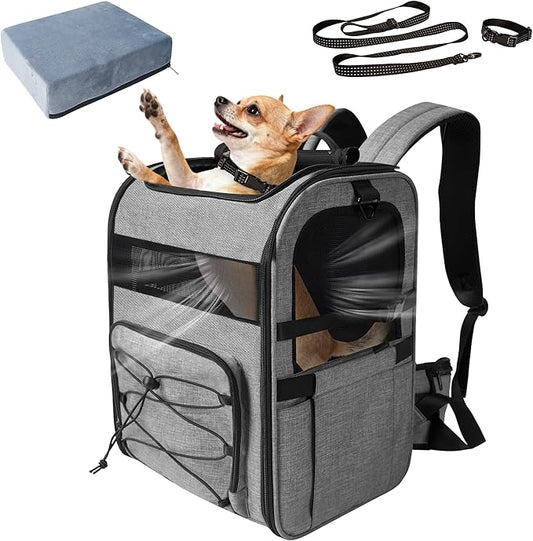 Dog Carrier Backpack for Small Dogs - Breathable Mesh Hiking Bag with Safety Buckle, Adjustable Straps and Elevated Pad - Durable for Hiking (Fits Small Cats Too, Up to 17lbs, Gray)