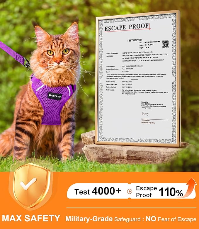 Halypet Cat Harness and Leash Set [ MAX Safety Third Generation ] Escape Proof Soft Adjustable Cat Leash Breathable Comfortable Vest Easy to Wear Kitten Harness for Outdoor Walking Purple Small