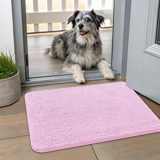 Smiry Dog Door Mat for Muddy Paws 24x16, Absorbs Moisture and Dirt Doormat, Non-Slip Washable Quick Dry Chenille Front Door Mat Indoor Entrance, Entryway Carpet for Inside Floor, Pink