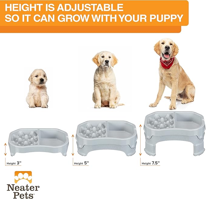 Neater Pet Brands – Neater Raised Slow Feeder Dog Bowl – Elevated and Adjustable Food Height - (Double Diner, Vanilla Bean)