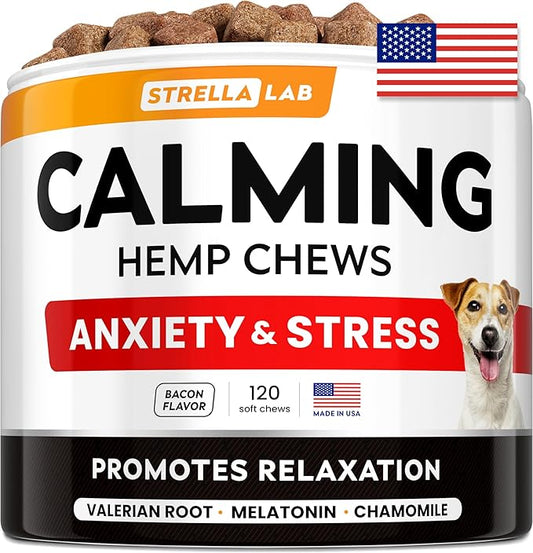 STRELLALAB Hemp Calming Chews for Dogs - Melatonin Dog Treats - Anxiety Relief - Calming Chews - Sleep & Stress Aid for Separation - 120ct Hickory Bacon Flavor