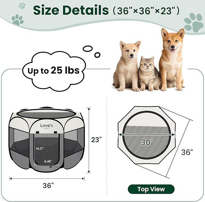 Love's cabin Pet Puppy Dog Playpen, Medium Dog Tent Crates Cage Indoor/Outdoor, Portable Playpen for Cat, Foldable Pop Up Dog Kennel Playpen with Carring Case, Removable Zipper Top, Grey