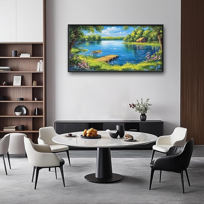 Large Lake Cabin Wall Art for Living Room, Framed Oversized Tree Boat Wildflowers Wall Decor Nature Landscape Canvas Painting Modern Artwork for Bathroom Bedroom Office Dining Room 60"x30"