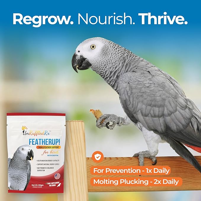 UnRuffledRx FeatherUp! Bird Vitamins with Biotin for Beautiful Plumage – Calcium for Birds, Feather Growth Supplements for Parrots - 90 gm - 240 Servings