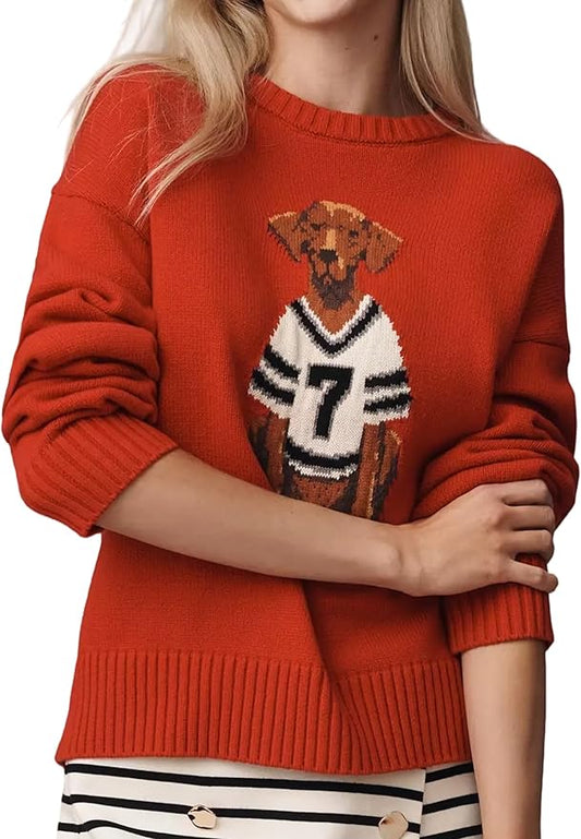 Dog Print Sweater for Women Cute Graphic Knit Pullover Tops Long Sleeve Crew Neck Trendy Fall Outfits 2025