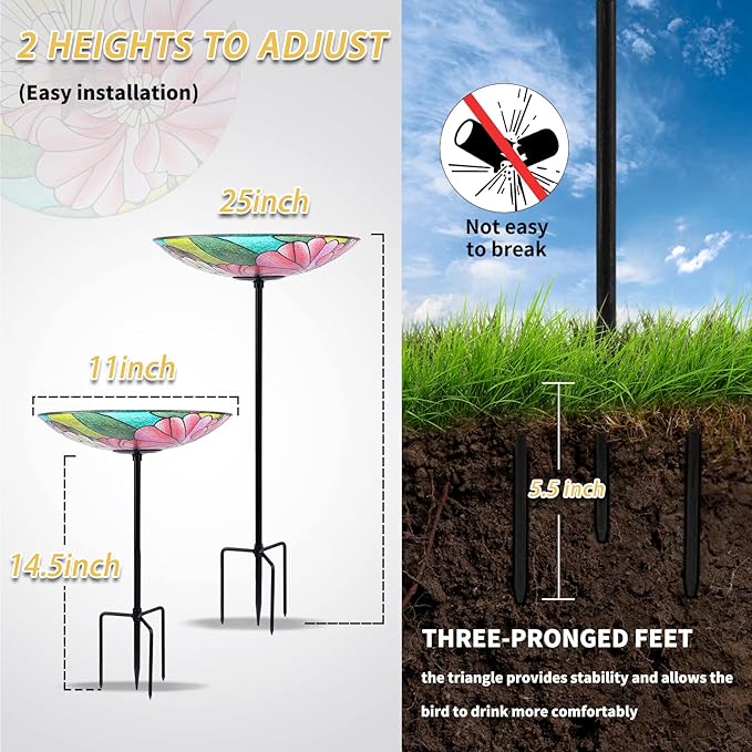 MUMTOP Glass Bird Baths for Outdoors-Outdoor Bird Bath Bowl - Butterfly and Flower Birdbaths Yard Stake, Bird Feeders for Outside, Garden, Patio, Lawn Decor