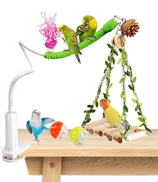 Bird Toys,Free Bending Bird Perch Stand with Climbing Ladder, Desktop Stand for Interacting, Parakeet Playground Play Stand for Lovebirds Conure,Mount for Budgie, Cockatiel, Conure