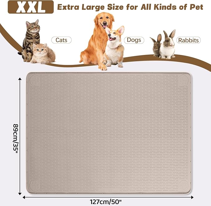 Cat Food Mat, 50" x 35" Extra Large Silicone Pet Feeding Mat with Raised Edge Pet Placemat for Food and Water Bowl Non-Slip, Easy to Clean, Floor Protection (Khaki)