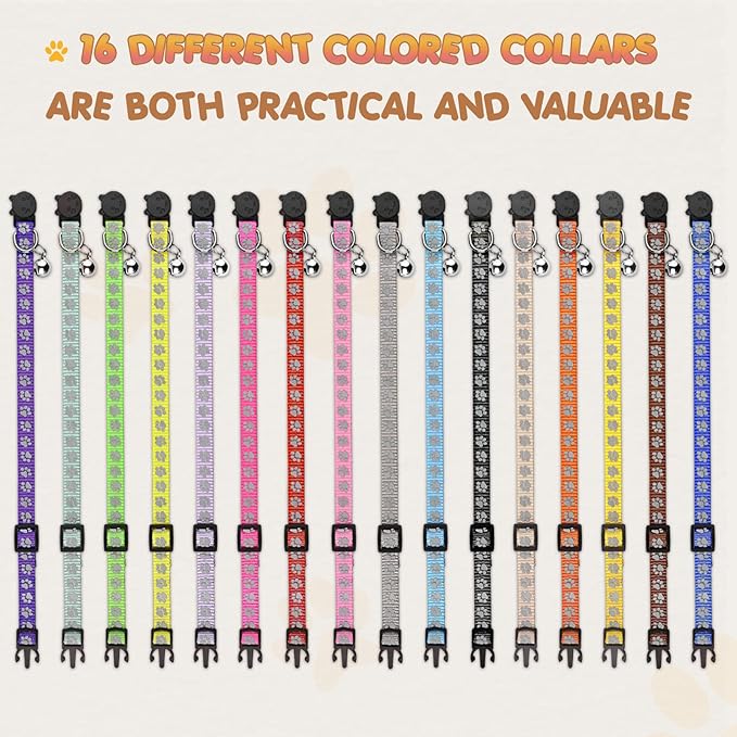 16 PCS Breakaway Cat Collars with Bells Reflective Cat Collar Safety Nylon Kitten Collars Cat Collars for Girl Boy Cats(7.5"-12.6")