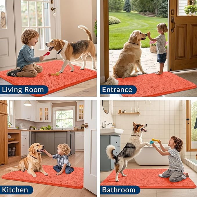Smiry Dog Door Mat for Muddy Paws 30x20, Absorbs Moisture and Dirt Doormat, Non-Slip Washable Quick Dry Chenille Front Door Mat Indoor Entrance, Entryway Carpet for Inside Floor, Coral