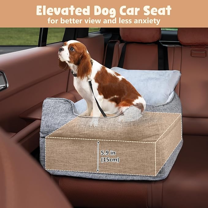 Avont Dog Booster Car Seat for Small/Medium Dogs Under 30 lbs, Detachable Washable Puppy Doggie Elevated Carseat Travel Bed for Car, Thick Cushion -Grey