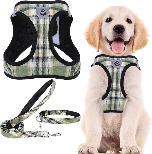 PUPTECK Adjustable Dog Harness Collar and Leash Set Step in No Pull Pet Harness for Small Medium Dogs Puppy and Cats Outdoor Walking Running, Soft Mesh Padded Reflective Vest Harnesses, Grn&YLW, XXS