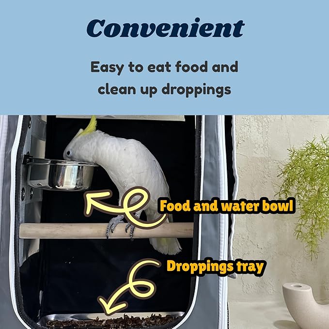 Birds Day Bird Carrier Backpack-Parrot Travel Cage with 2PCS Perch and Food Bowl, Stainless Steel Tray (Charcoal Gray, Cockatoo & Similar)